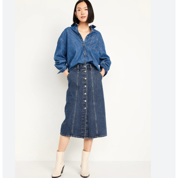New Old Navy Denim Skirt Size 8 Button Front Midi Blue Jean High Waist - Picture 1 of 16